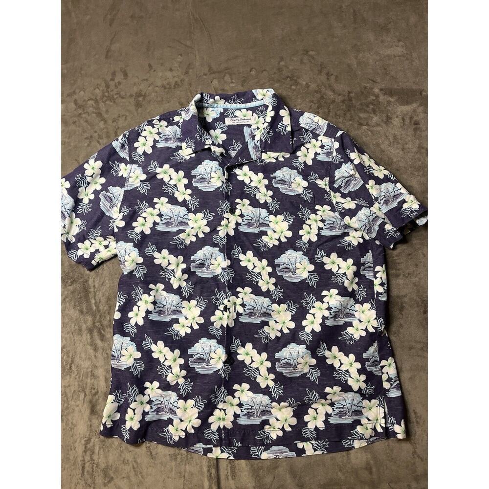 Tommy Bahama The Coconut Point Men Medium Blue Floral Palm Silk Blend Camp Shirt